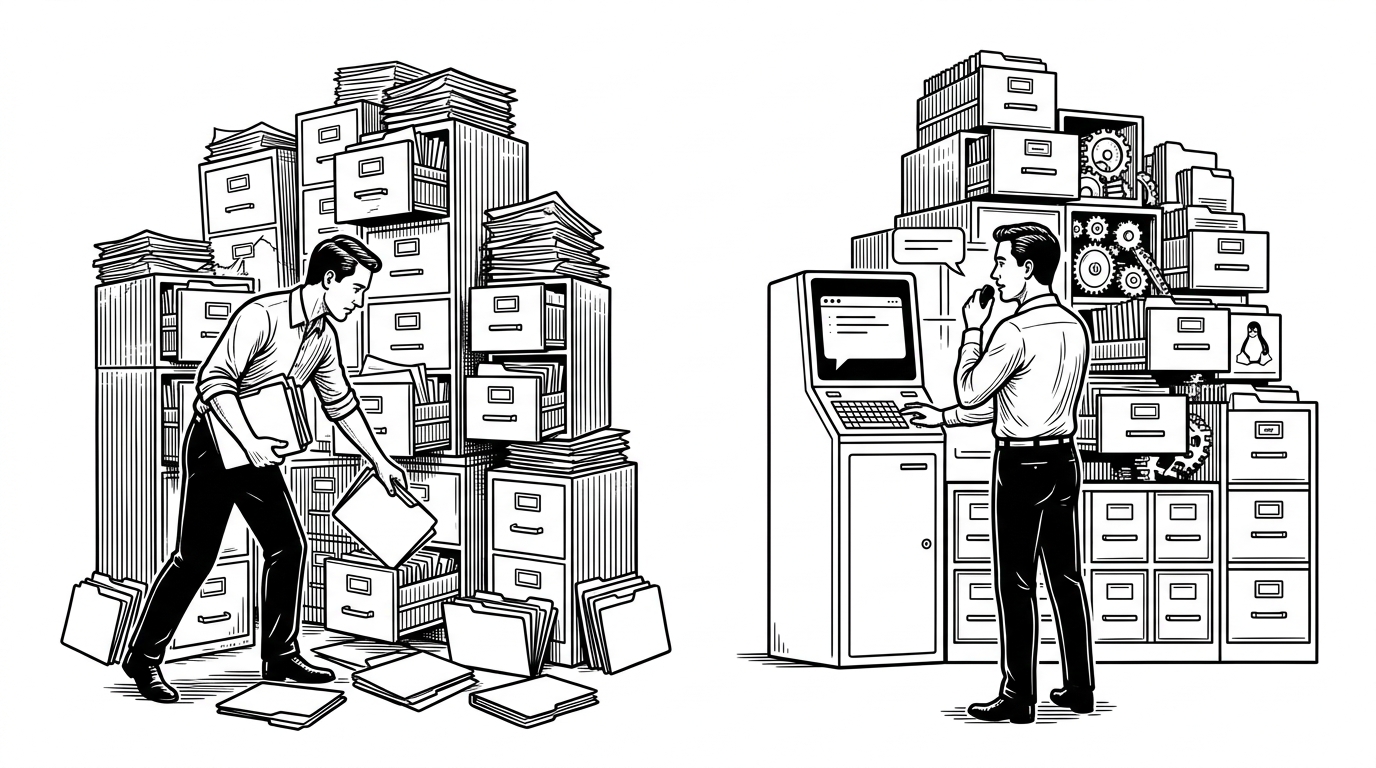 A split composition shows manual folder dragging on the left and a chat-driven vault that reorganizes itself on the right. The contrast makes the repo's main claim clear: the builder should not have to become the file system janitor.