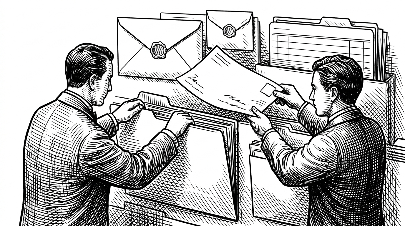A close-up of an orphan note drifting toward a filing wall while an Architect figure builds the missing shelf frame and a Scribe slides the note into place. The image shows how the repo repairs structure first, then stores the content inside it.