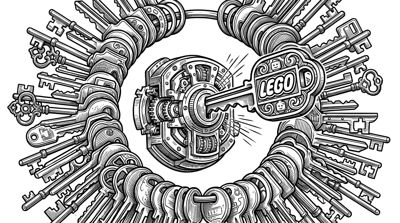 A large intricate master key unlocking a complex vault, representing lego handling hundreds of DNS providers.