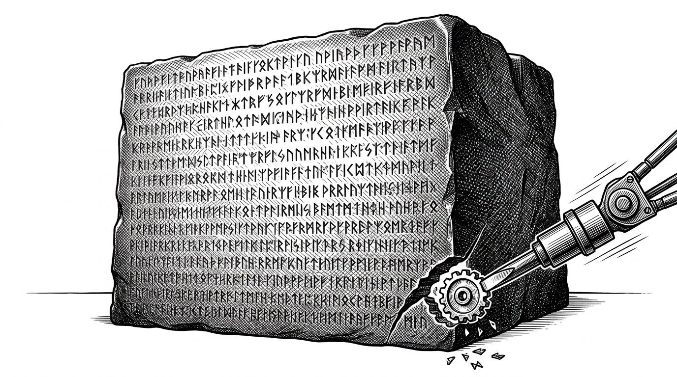 A massive monolithic stone block covered in runes, representing the official SDK, being cleanly sliced by a small, highly precise mechanical chisel to extract a single gear.