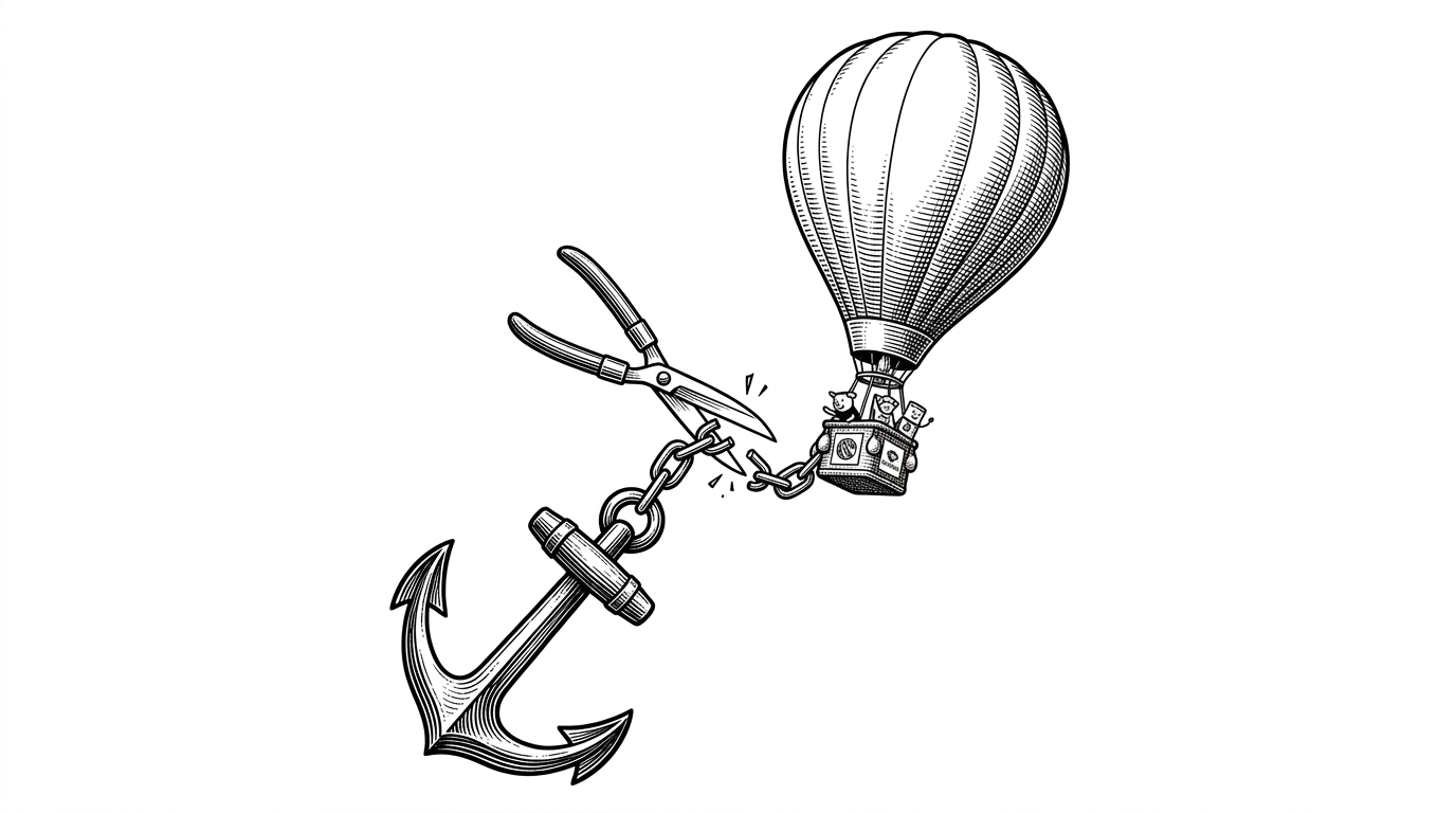A heavy iron anchor representing unused code is chained to a rising hot air balloon representing the Go binary. Sharp shears representing the sed script snap the chain in half.