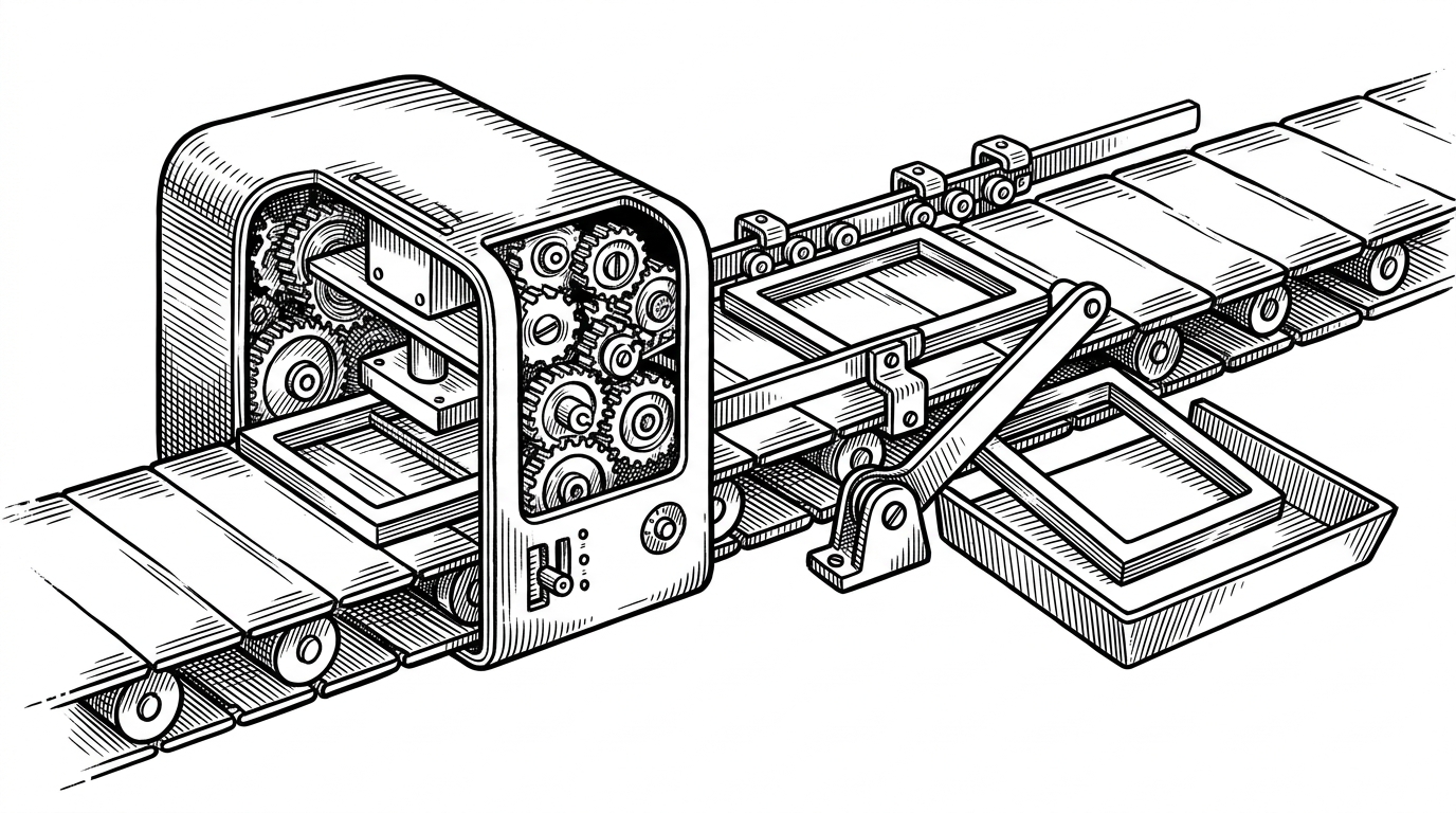 A close-up shows three frames on a conveyor line. One frame is actively being processed, one waits in a limited queue, and one is blocked by a closed gate because a condition failed. The image explains the difference between managing backlog and skipping unnecessary work.