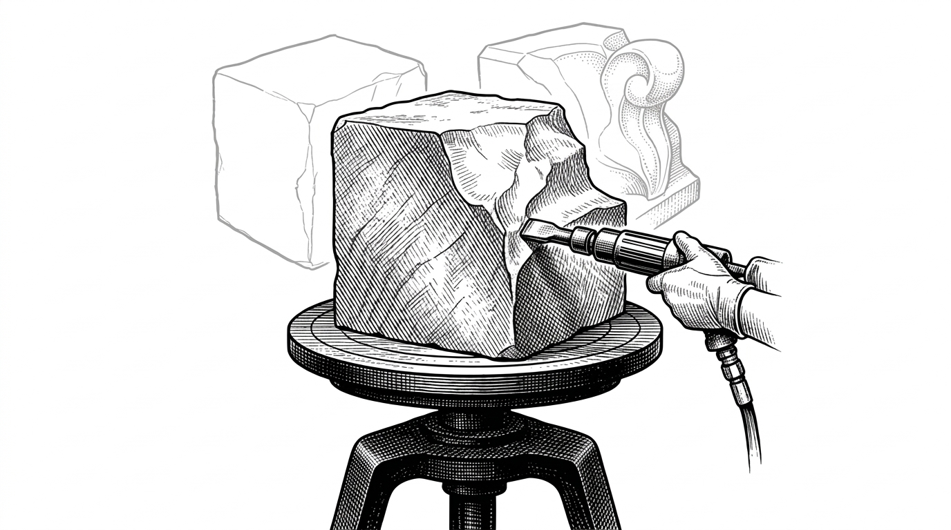 A sculptor's turntable holding a block of marble. A mechanical chisel is refining the edges, with ghosted outlines of previous variations hovering around the stone. This illustrates the iterative refinement of the Screen object.