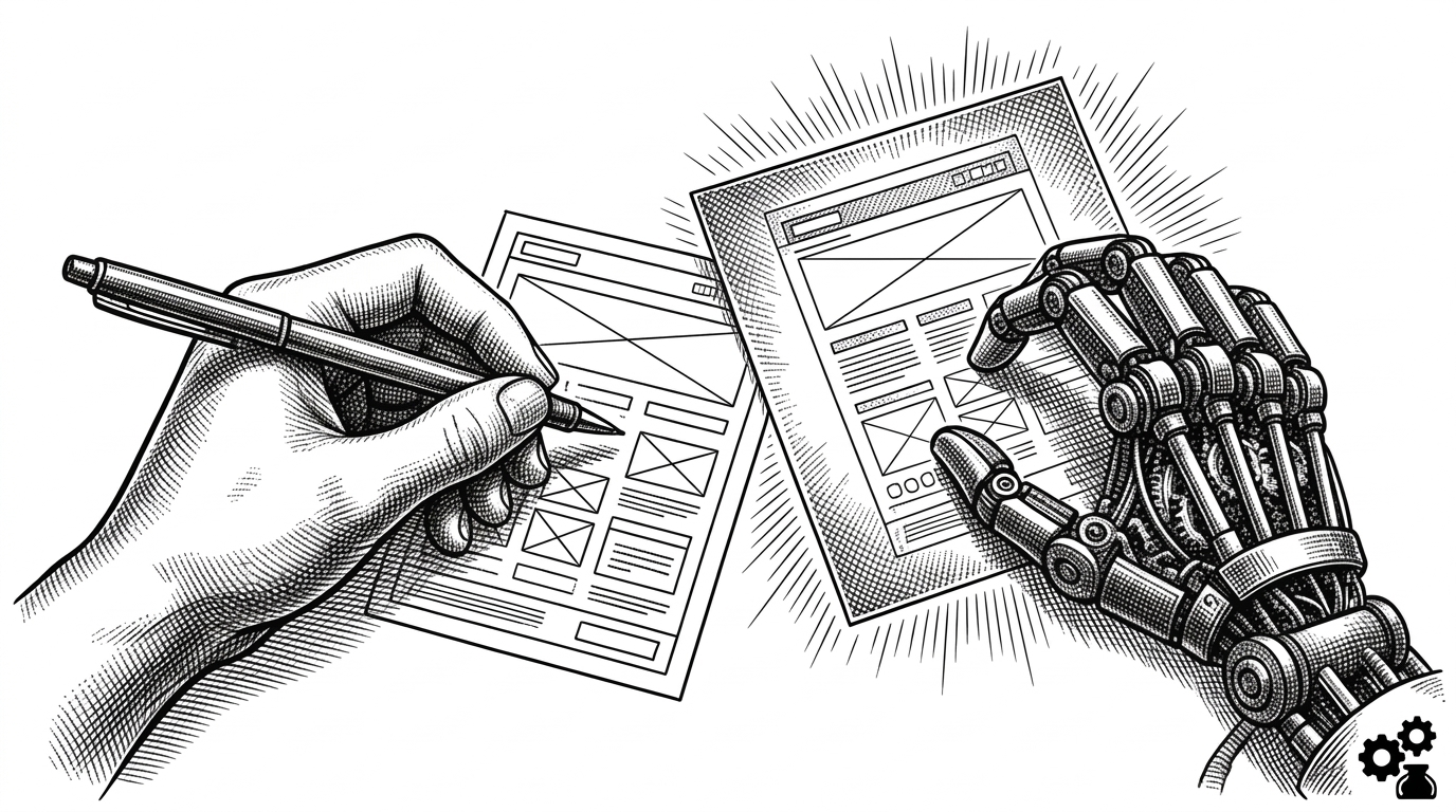 A close-up of two hands. One human hand holding a pen over a wireframe sketch, the other a mechanical hand holding a glowing blueprint of the same interface. This illustrates the handoff from human intent to agentic generation.