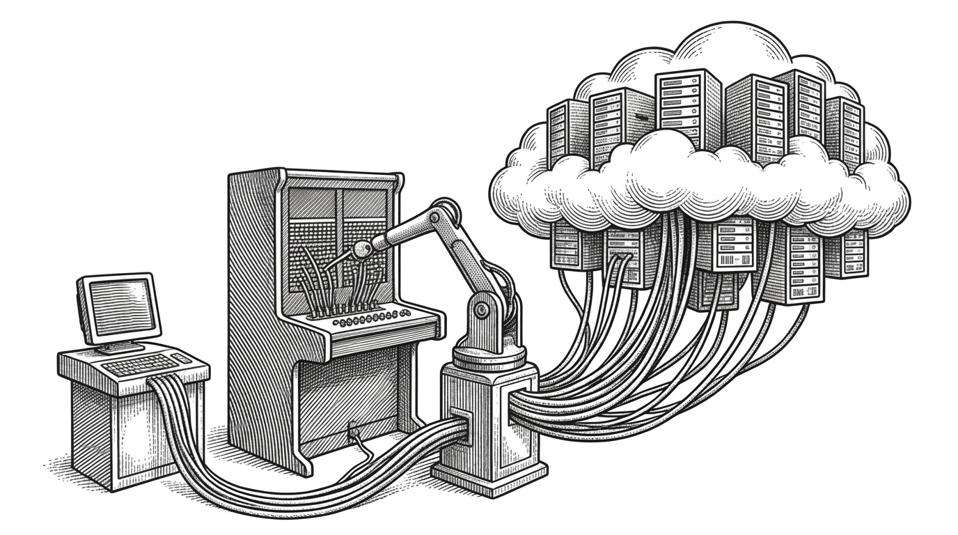 A classic telephone switchboard operated by a mechanical arm, routing thick cables from a single local terminal into a massive cloud of floating servers. This represents the MCP-to-HTTP proxy.