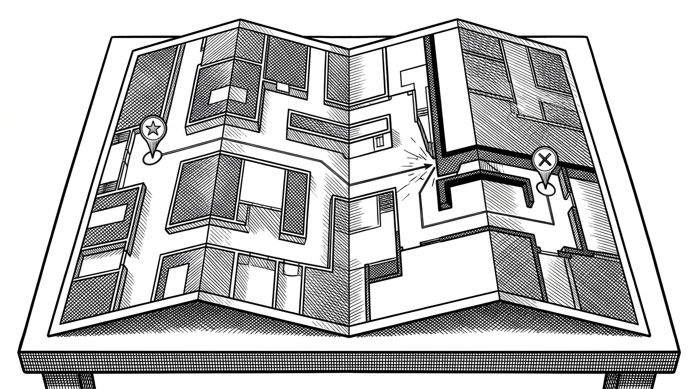 A folded indoor map with a thin ink route that tries to cross a wall, then bends into a corridor and reaches a red endpoint. The scene shows that the real task is not spotting objects on a map, but following valid connectivity through space.