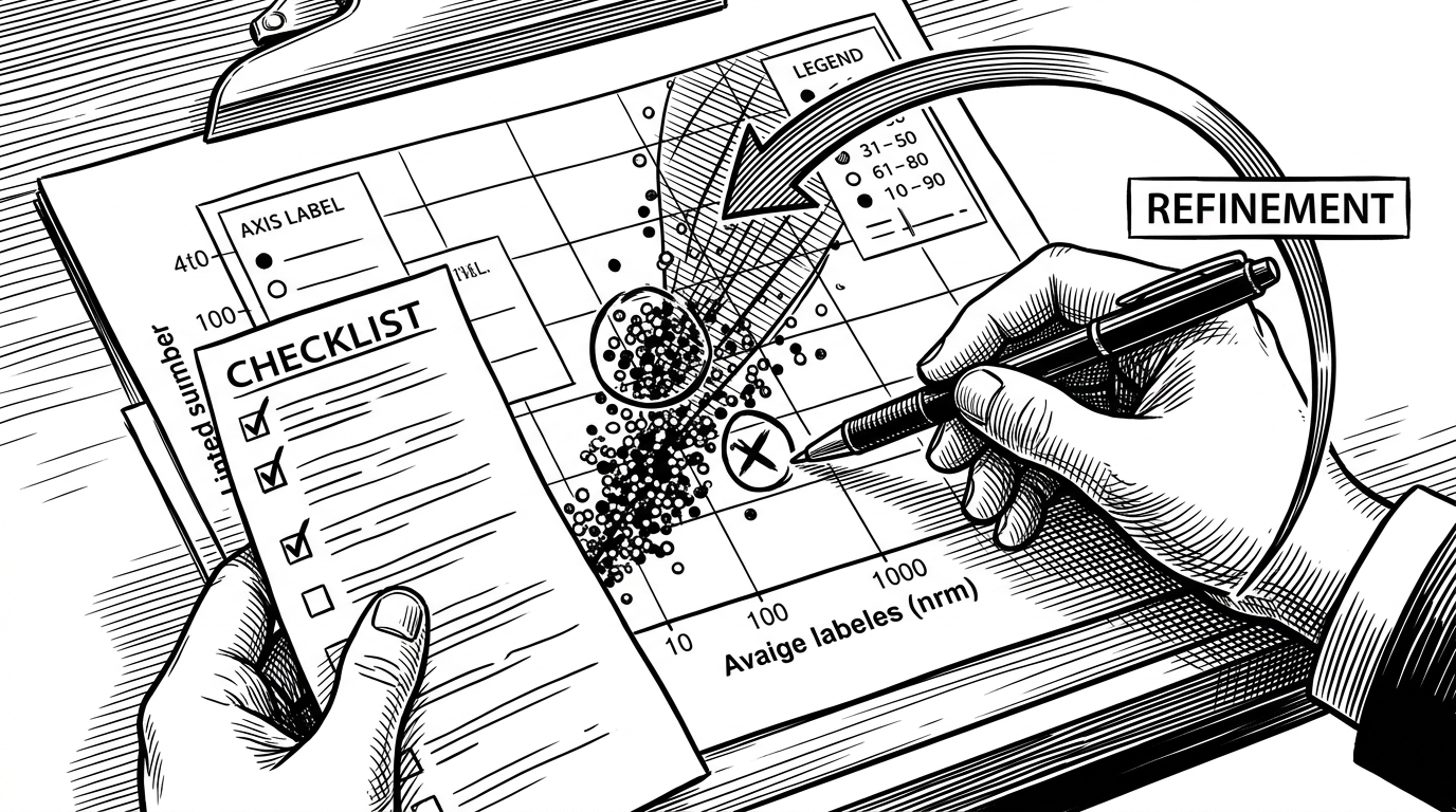 A close-up of a scientific chart on a drafting table with a clipped axis label, an overlapping legend, and a red pencil marking the problem areas. A critic's checklist points to the chart while a curved arrow sends it back toward a refinement box. It explains why visual evaluation matters beyond code correctness.