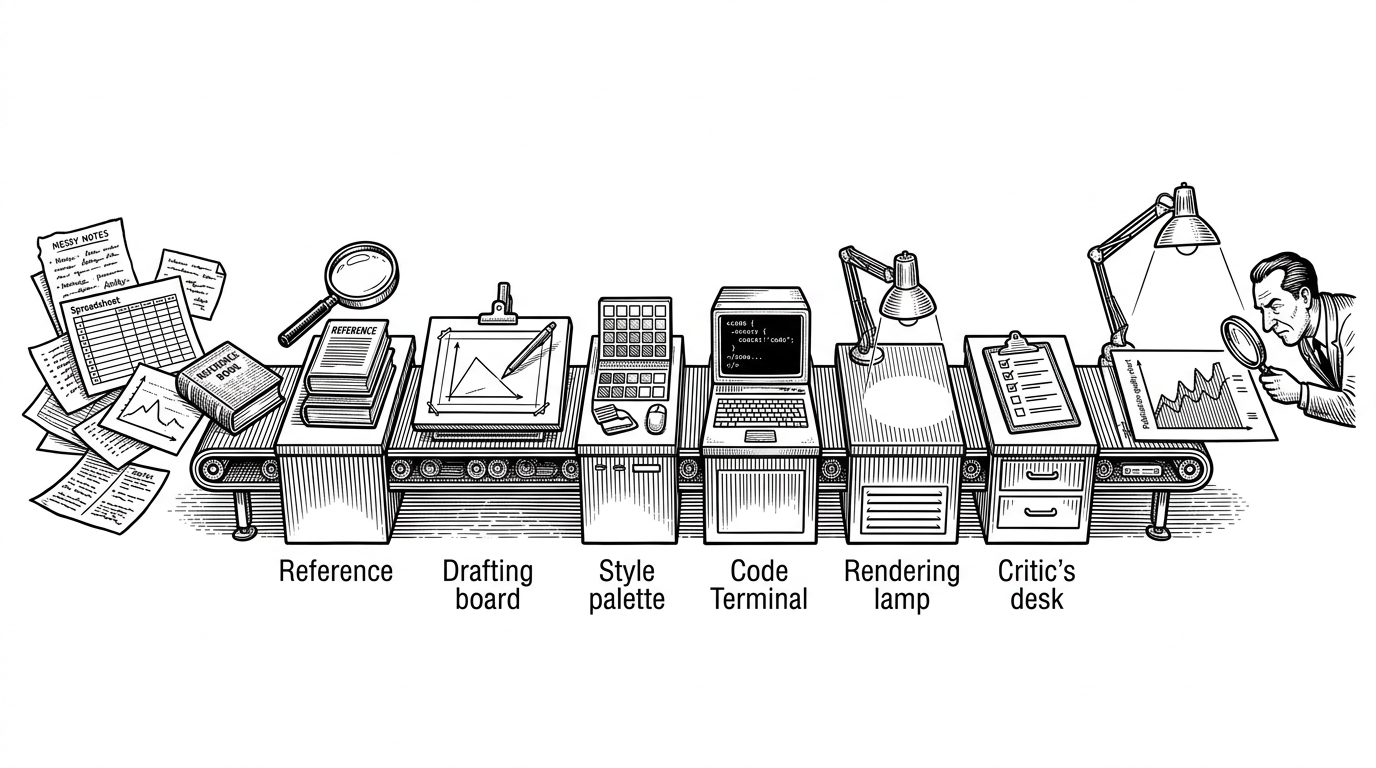 A wide editorial scene of a white workbench turned into an assembly line. Raw notes and data enter from the left, pass through several specialist stations, and emerge on the right as a polished scientific chart under an inspection lamp. It explains that the project treats visualization as a staged editorial process, not a single prompt.
