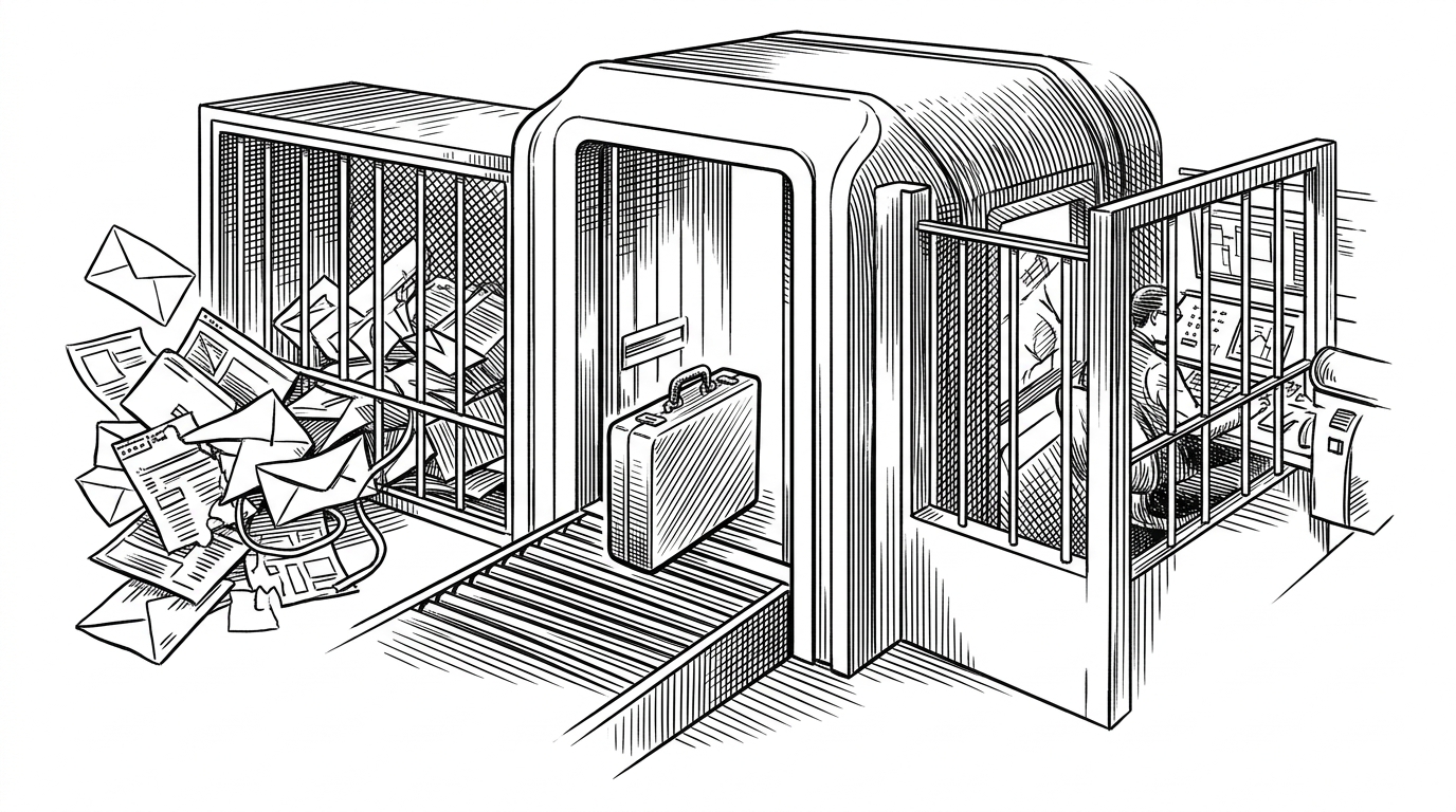 A wide editorial scene shows a trusted document entering a guarded airlock while a messy inbox and web page are diverted into a separate quarantine chamber. The image explains CaMeL's central move: trust is separated before data reaches the part of the system that can act on it.