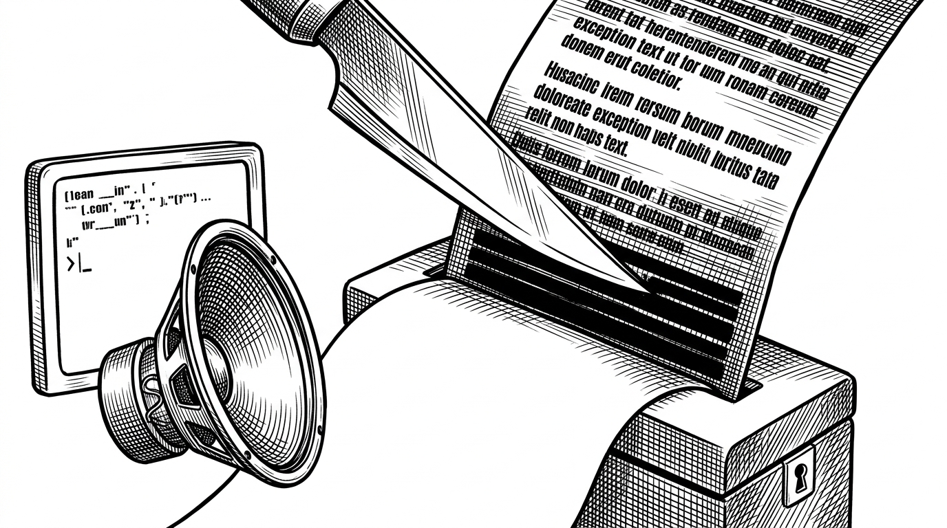 A close-up editorial illustration shows a printed exception message being cut by a metal redaction blade before it reaches a terminal and speaker cone. It explains how CaMeL treats error messages as a possible injection path, not just a debugging aid.