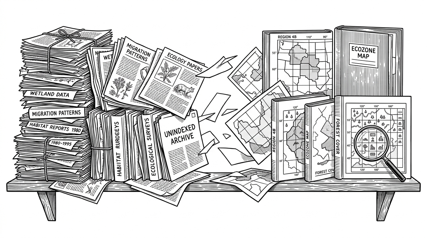 A long archive shelf of ecology papers gradually transforms into a tidy geospatial atlas. Paper pages on the left become structured map tiles and labeled polygons on the right, showing the transition from unindexed print to searchable spatial records.