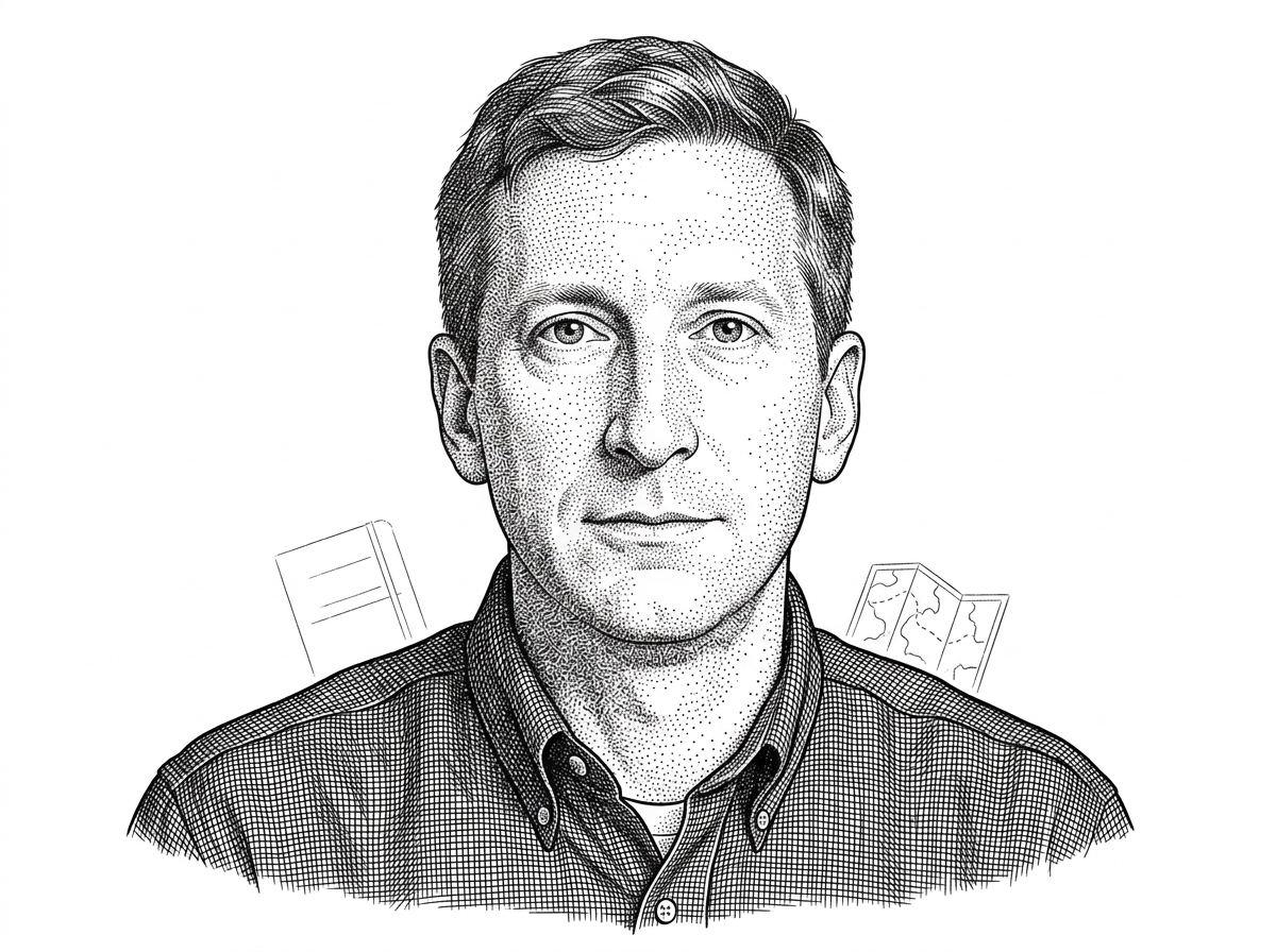WSJ hedcut-style portrait of Dan Morris, the agentmorris contributor behind ecology-georeferencing, on a pure white background. The portrait frames him as a research maintainer whose work connects ecological data cleanup with multimodal AI infrastructure.