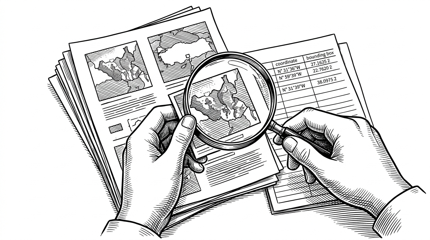 A stack of ecology papers sits on a desk, each page hiding a tiny map inside dense figure clutter. A magnifying glass lifts one study-site map out of the page and drops it into a clean ledger of coordinates, showing how the project converts buried spatial information into structured data.