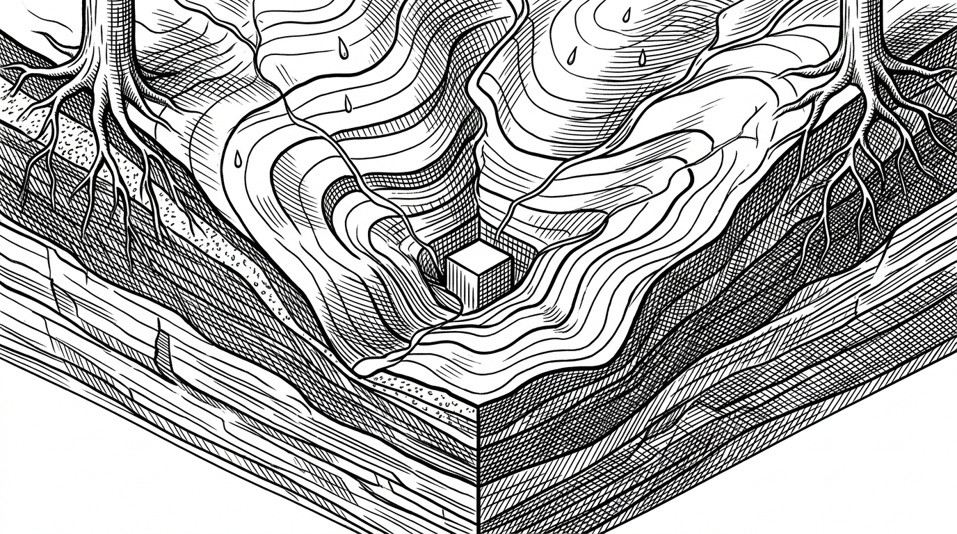 A close-up cross-section of a watershed with layered rock, soil, and contour rings folding into a compact latent core. It explains how static basin attributes become a learned representation that stands in for local history when gauges are sparse.