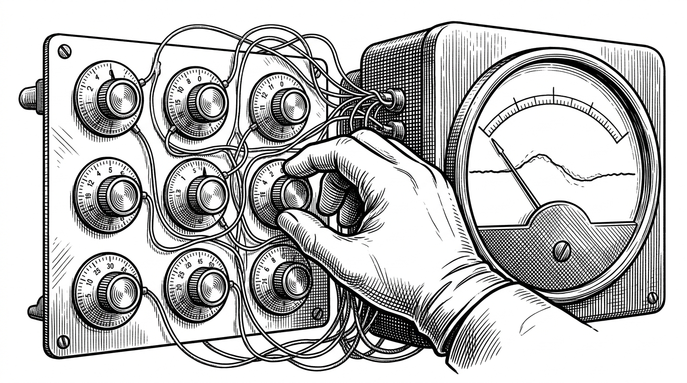 A close-up of seven small calibration dials mounted on a metal plate, each one wired into a spectral instrument. The image explains how a compact coefficient vector can steer a much larger model, which is the repository's core conditioning trick.