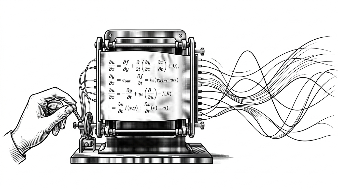 A paper PDE is fed into a brass machine while waveforms emerge from the far side. The image explains the article's central idea: the equation is not just something the model solves, it is a control signal that changes the model's behavior.