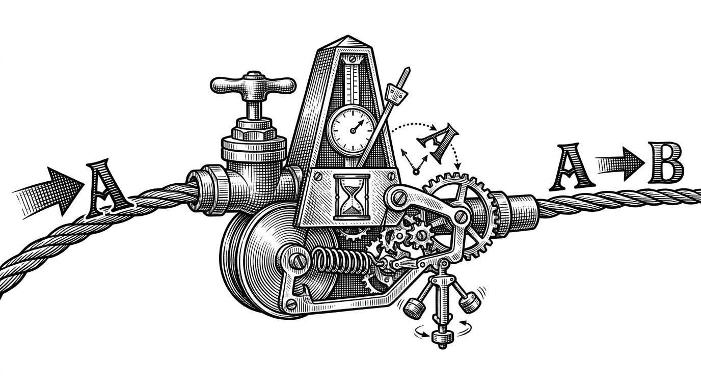 A keyboard cable passes through a small clockwork governor that visibly delays one command before the response returns. The image shows how timing can make a fake shell feel like a real machine under load instead of a scripted demo.