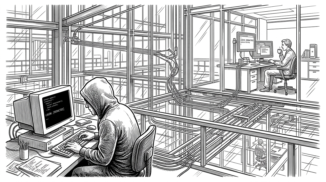 An attacker sits at a terminal inside a glass box while hidden mechanical arms and thin signal lines route the keystrokes to a researcher desk in the background. The image explains the article's core idea: a honeypot that looks ordinary to the intruder but stays fully instrumented for analysis.