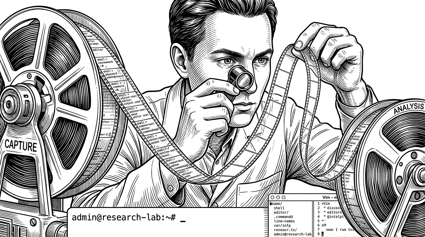 A terminal session unwinds like film across a translucent spool while a researcher reviews commands, edits, and pauses. The image shows why terminal-level recording captures behavior, not just text.