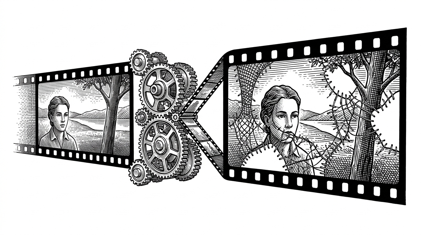A flat movie frame splits into a stereo pair, with the right-eye side full of jagged gaps where foreground objects moved away. Fine black ink stitches repair the missing areas, showing the handoff from geometric warping to neural refinement.