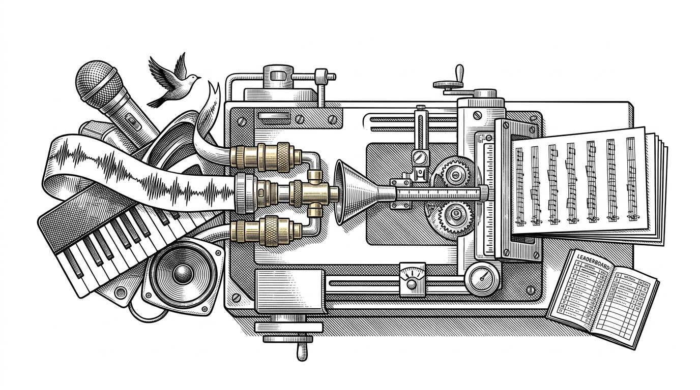 A black-ink editorial illustration shows a precision workbench converting a jumble of audio sources into a single measured output. It visualizes MSEB's main idea: sound models only become comparable when they pass through the same evaluation machinery.