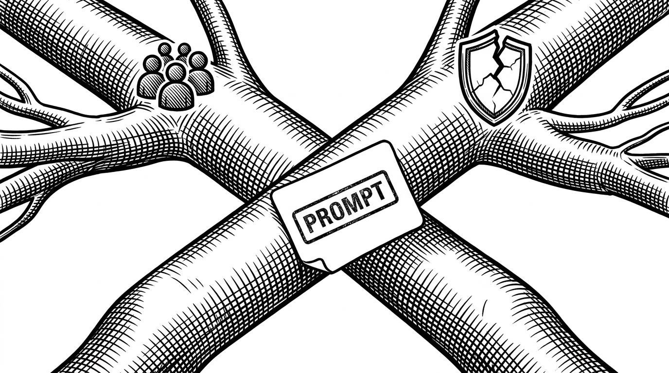 A close-up of two taxonomy branches crossing, with a single prompt card stamped into the intersection. The image explains how NodeSynth uses relationships between concepts to produce grounded test cases.