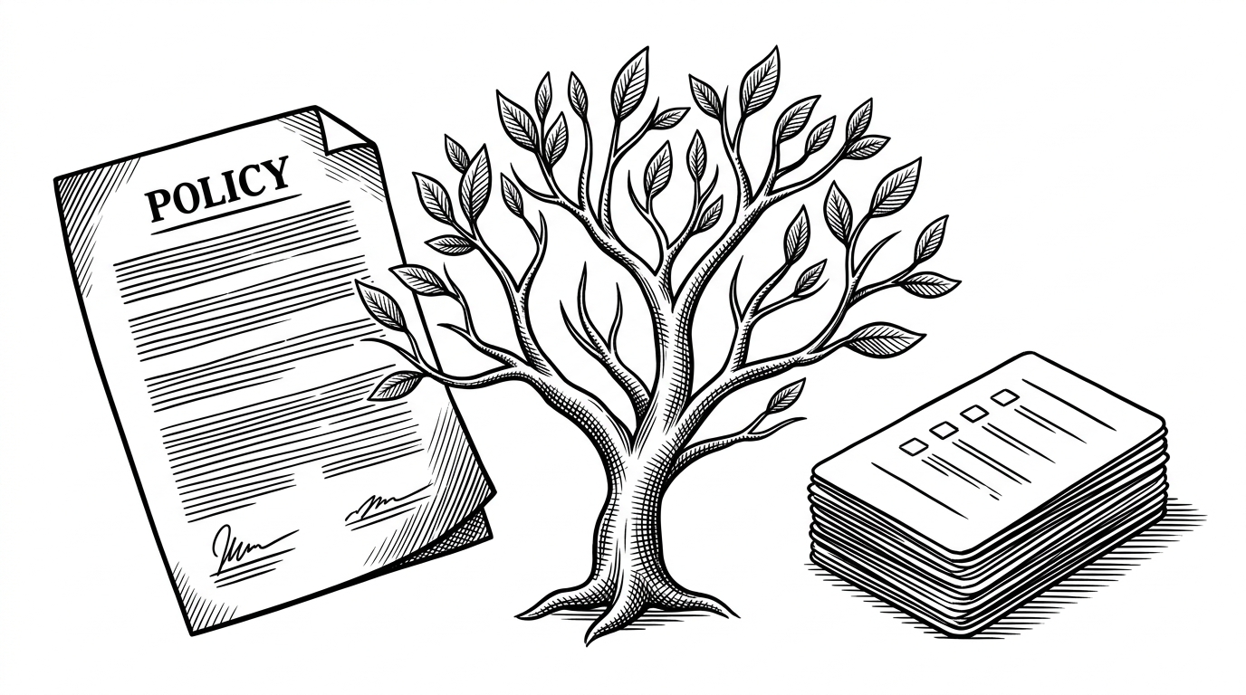 A policy document feeds into a branching taxonomy tree, which then drops prompt cards on the far side. The image explains that NodeSynth treats coverage as a structured transformation, not a list of one-off examples.
