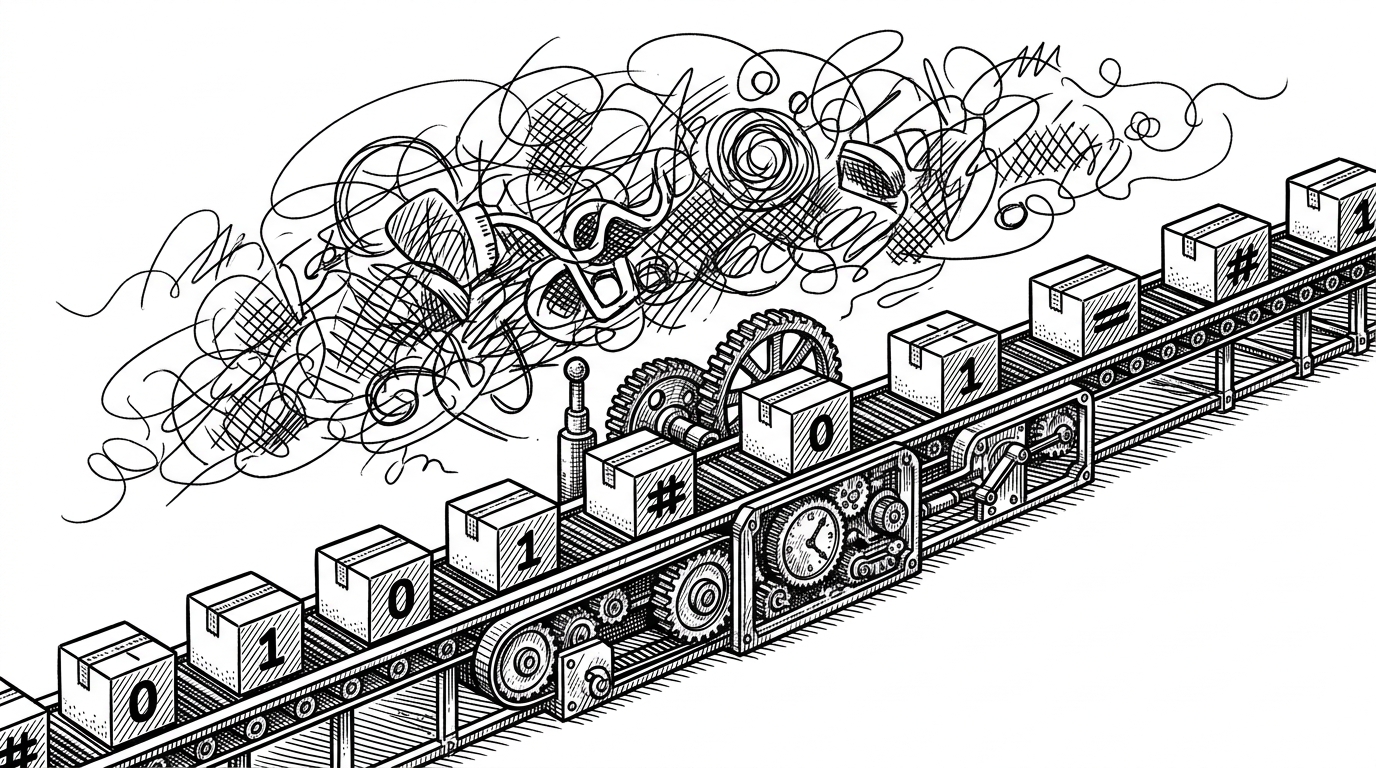 A narrow machine feeds neatly stamped parcels through a fixed rail network while a tangled cloud of loose threads fades in the background. The image explains why OpenFst remains useful in modern systems: it makes outputs predictable, compact, and easy to audit.