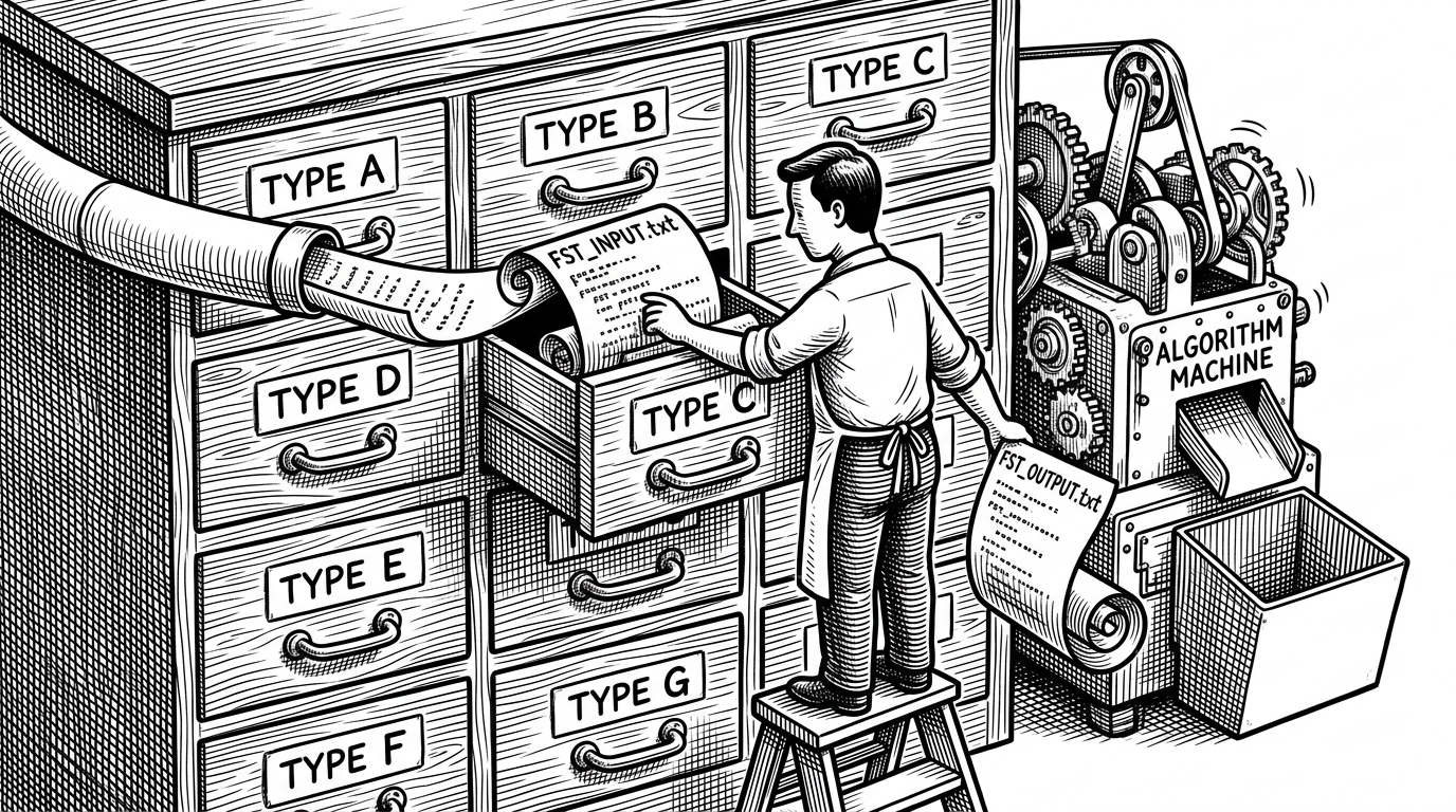 A close-up shows a cabinet of labeled drawers, each drawer standing for a different arc type or weight system. A clerk routes an input FST file to the right drawer and then hands the result to the same algorithm machine, which explains how OpenFst hides template complexity behind runtime dispatch.