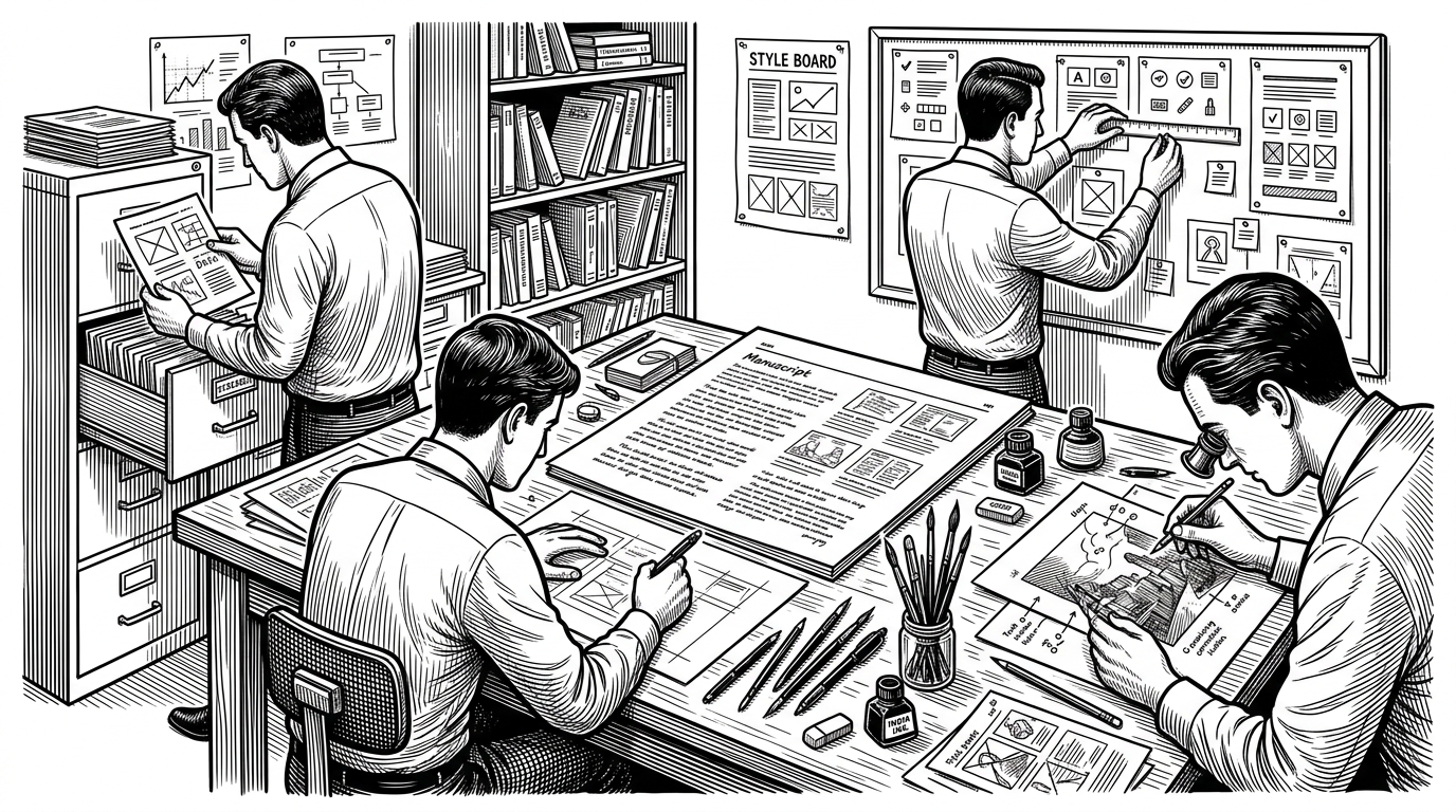 A crowded editorial studio built around a manuscript page, with separate specialists sorting references, sketching layouts, checking style rules, and marking corrections. The scene explains that PaperVizAgent treats figure creation as a coordinated workflow rather than a single image prompt.