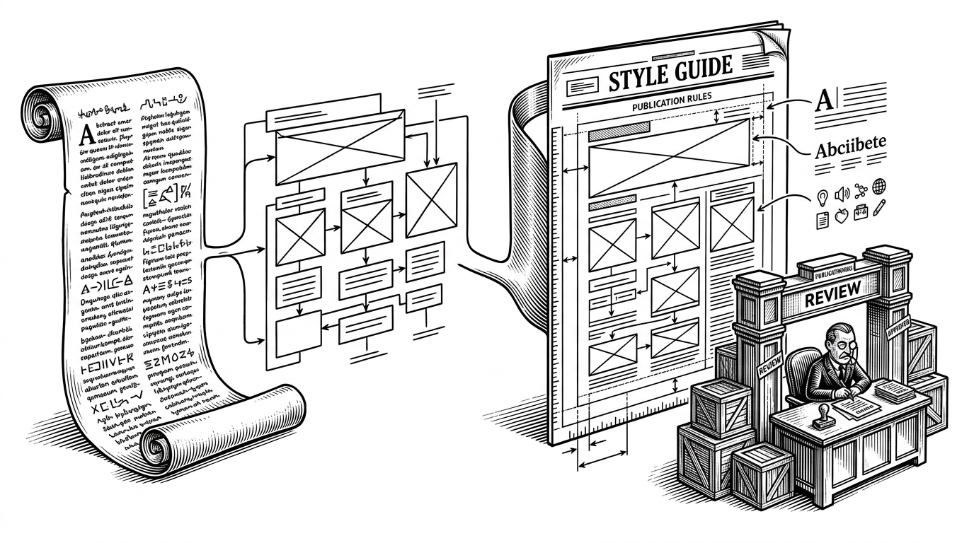 A split workstation where one path turns source text into a structured diagram wireframe and another path wraps the same structure in a style guide. A checklist gate stands at the end. The image explains how PaperVizAgent separates what a figure means from how it should look.