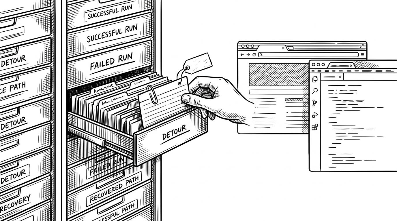 A filing cabinet stands open with drawers labeled as successful runs, failed runs, detours, and recovered paths. A hand pulls a failed trajectory card from one drawer and feeds it toward a browser window and code editor, showing how mistakes become reusable guidance.