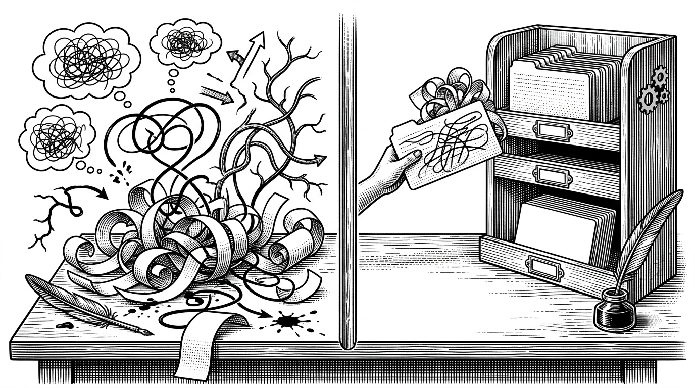 A workbench shows three parallel agent attempts on the left as tangled strips of thought, action, and response. On the right, those strips are compressed into a single lesson card that slots into a memory shelf, ready for reuse on a fresh task.