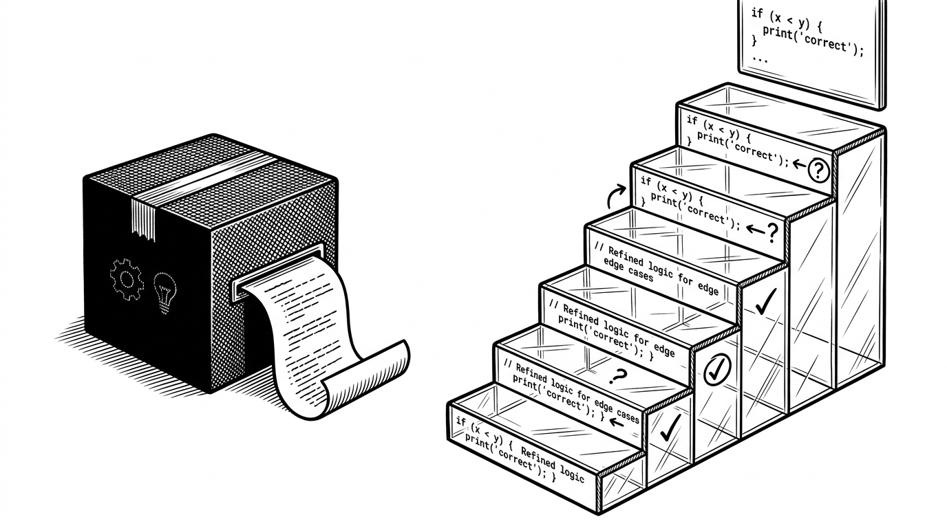 One side of the scene shows a sealed black box that spits out a single script. The other side shows a transparent staircase of revisions with each step exposed. It explains why SCORE is easier to trust in scientific work than one-shot code generation.