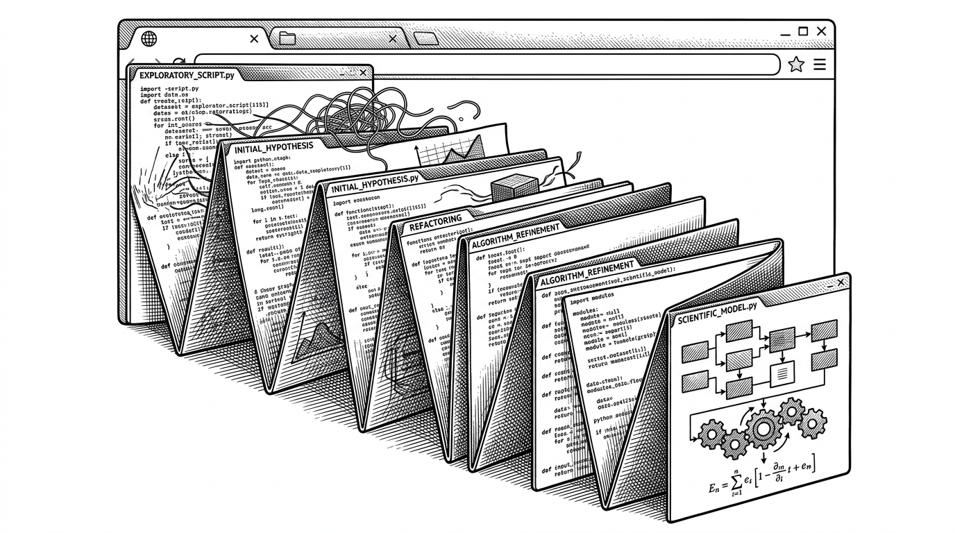 A browser window stretches across a white field, showing a long trail of code diffs that feel like an evidence file. It explains that SCORE is less about a final script and more about the visible sequence of revisions that produced it.