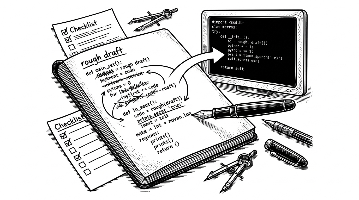 A close-up desk scene shows a pen, a terminal window, and a checklist as a rough draft becomes a tighter implementation. It explains SCORE's loop of critique, revision, and constraint, which is the engine behind the repository.