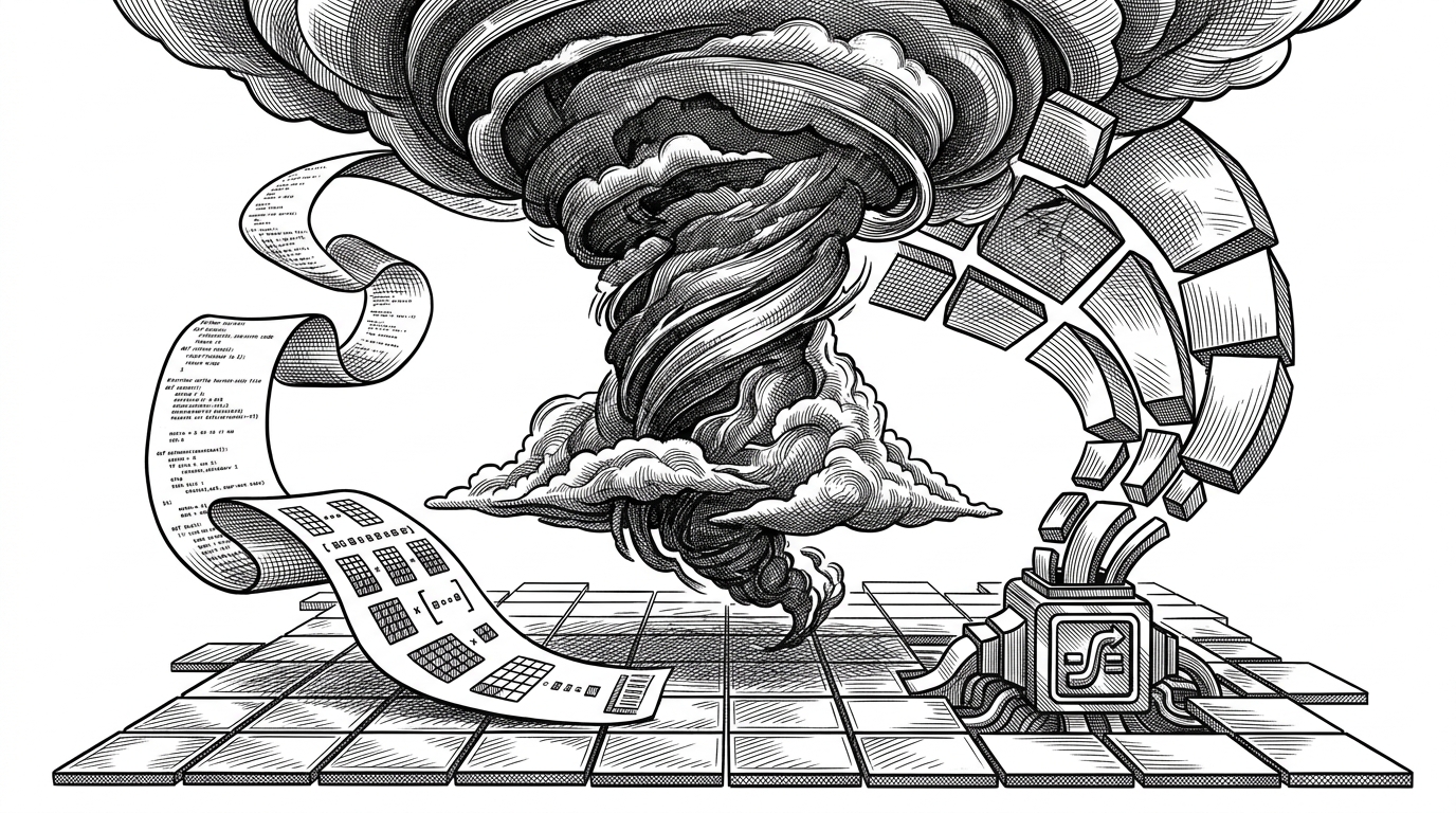 A towering storm column rises above a tiled accelerator mesh, with a source file unfurling on one side and partitioned tensor blocks on the other. The scene explains how the project turns distributed execution into a compiler problem instead of a manual message-passing problem.