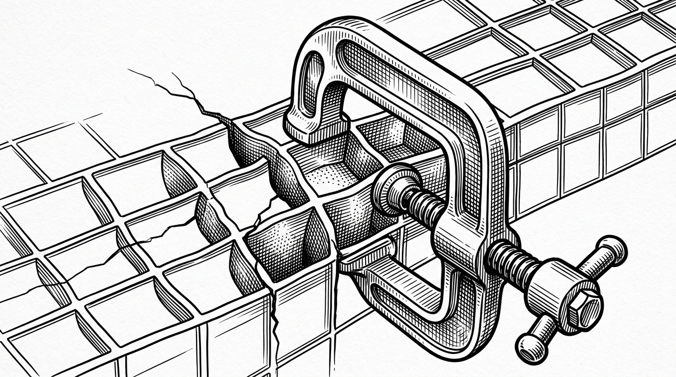 A close-up of a structured grid under pressure, with one crack running through the lattice and a tensor-shaped clamp pulling the field back into alignment. The image explains why pressure coupling is the numerical bottleneck and why a fast diagonalization solver is a performance story, not a detail.
