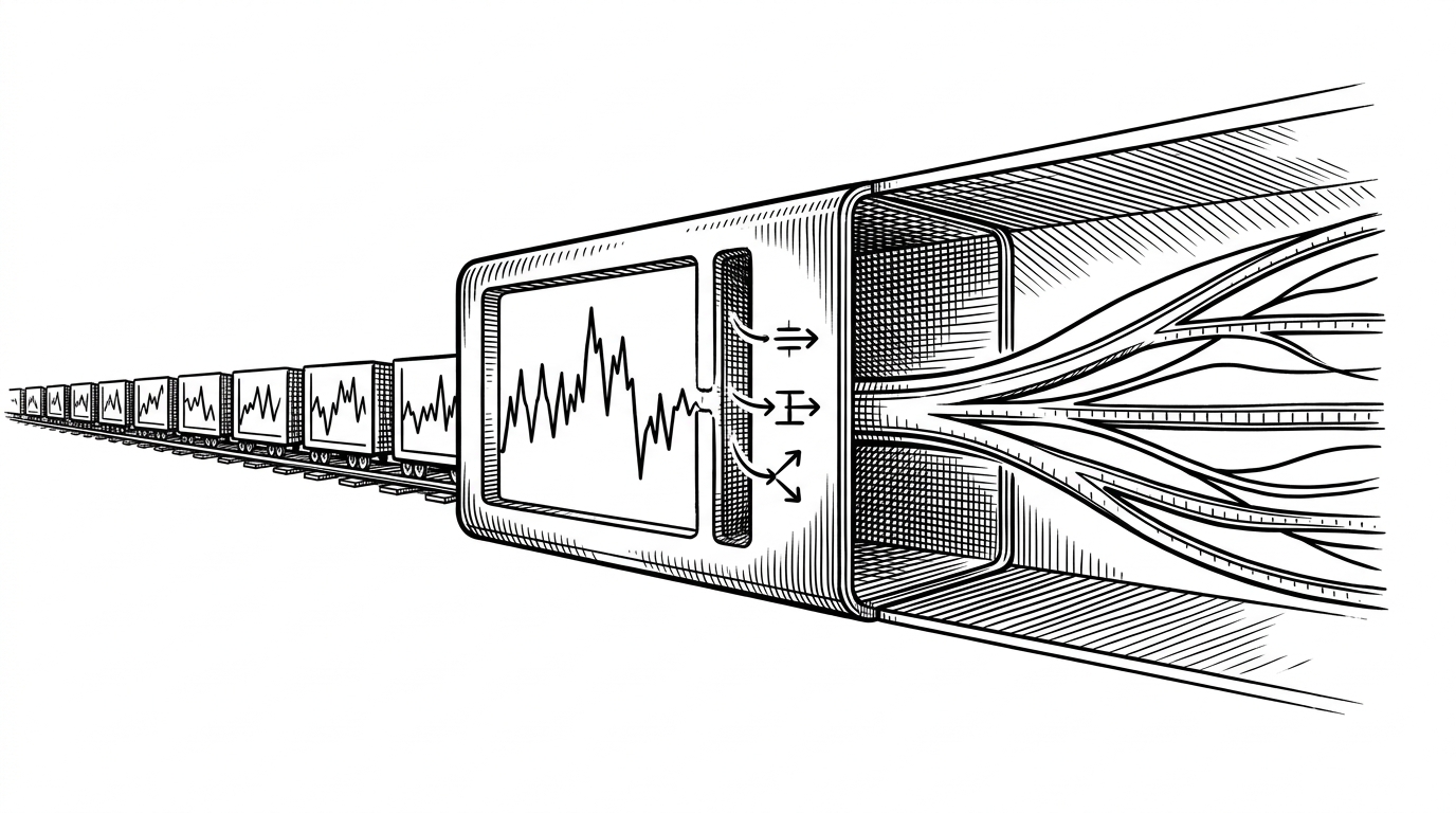 A long stream of jagged time-series patches enters a decoder machine, then splits into several forecast paths on the far side. A side channel strips and restores scale before and after the model, showing that normalization is part of the pipeline, not an afterthought.