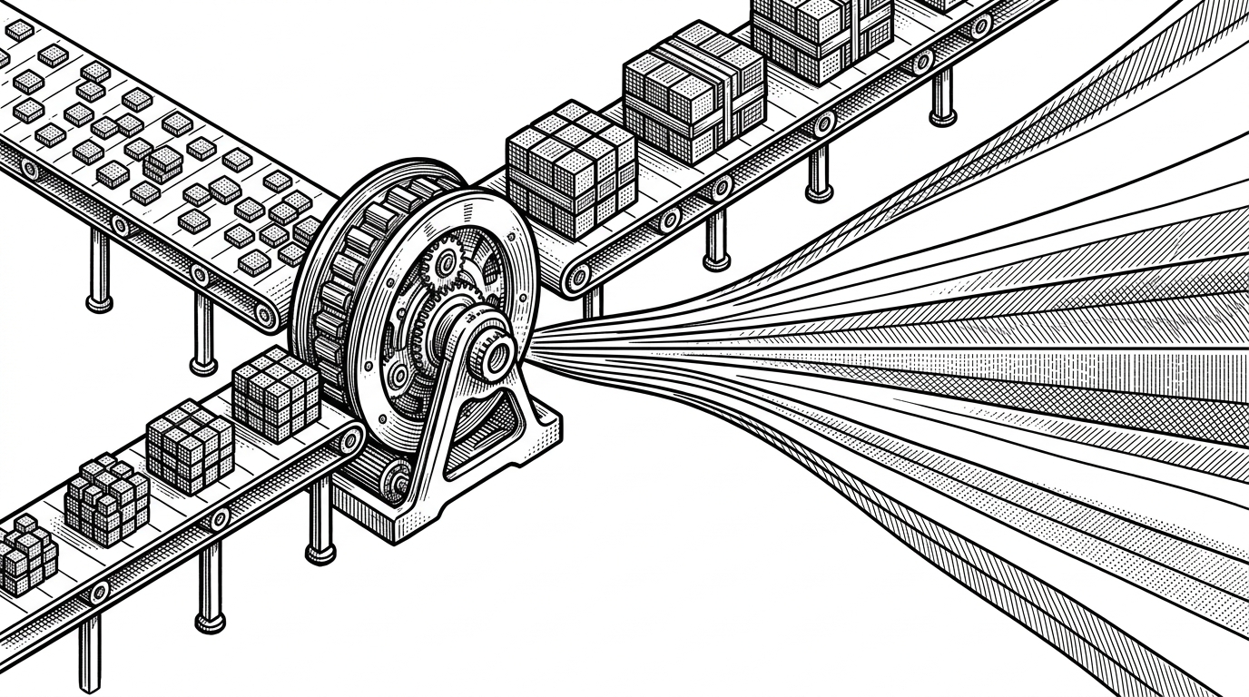 A tight assembly line groups 32-point input tiles into larger blocks, sends them through a rotary encoder wheel, then expands them into 128-point output blocks. Nine forecast lanes branch outward in parallel, with the outer lanes enclosing the median line to show quantile uncertainty.