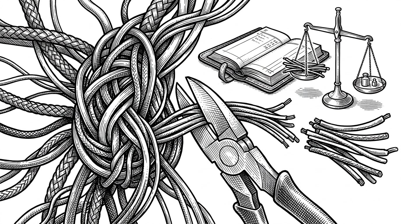 A close-up of a dense knot of cords being split into smaller bundles by a precise blade. A ledger and a scale sit beside the knot, signaling the trade-off between peak memory and total work.