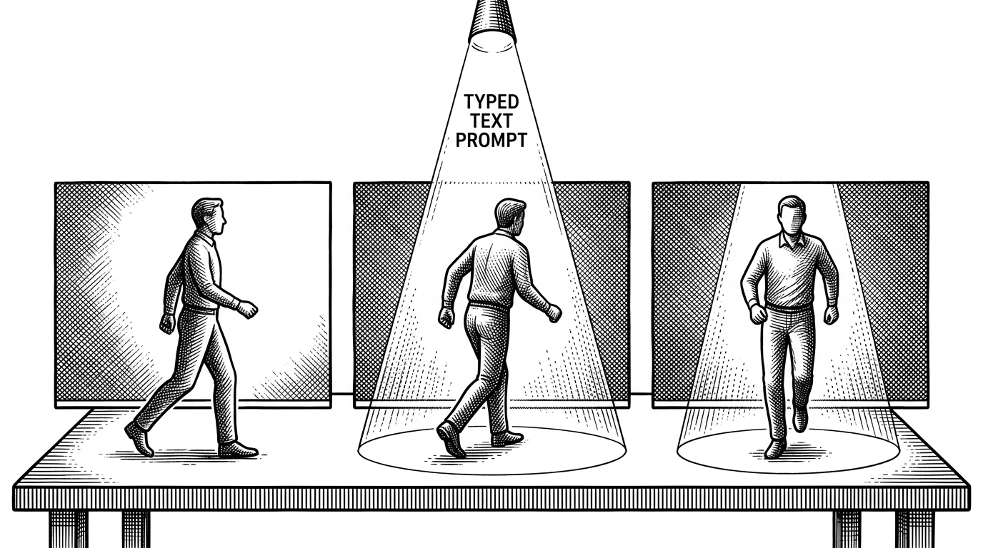 A wide editorial scene shows a sequence of video frames laid out like panels on a workbench, while a typed prompt acts like a beam that locks onto the same object across each frame. The image explains Troy-VIS as a system that uses language to select an object and then preserve that object's identity through time.
