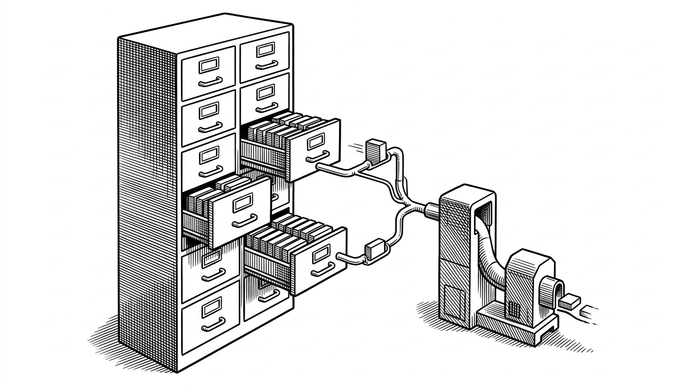 A cabinet of labeled data drawers feeds into a narrow pipeline that leads toward a training loop. The image explains why the repository uses lazy loading and chunked storage, because the whole brain only becomes manageable when the system touches small slices at a time.