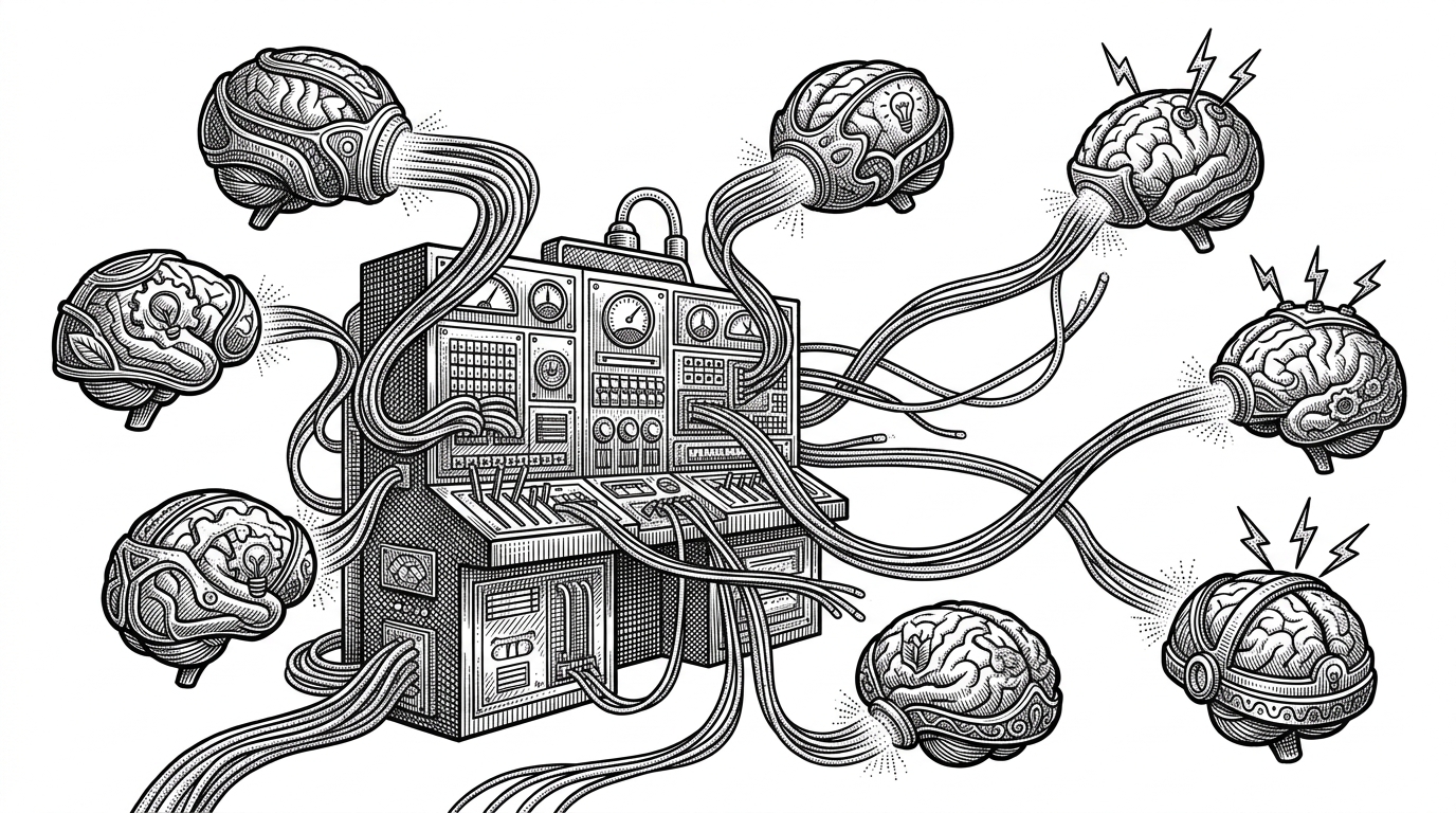 A vast switchboard connecting floating artificial brains with glass fibers, representing a distributed agentic service mesh. This illustrates the transition from monolithic agent prompts to distributed micro-agent orchestrations.