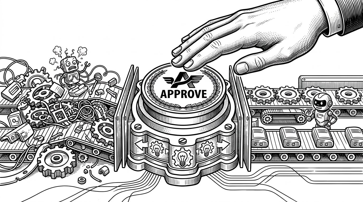 A human hand hovering over a glowing Approve button that interrupts a mechanical assembly line. This represents the Human-in-the-Loop tool confirmation flow.