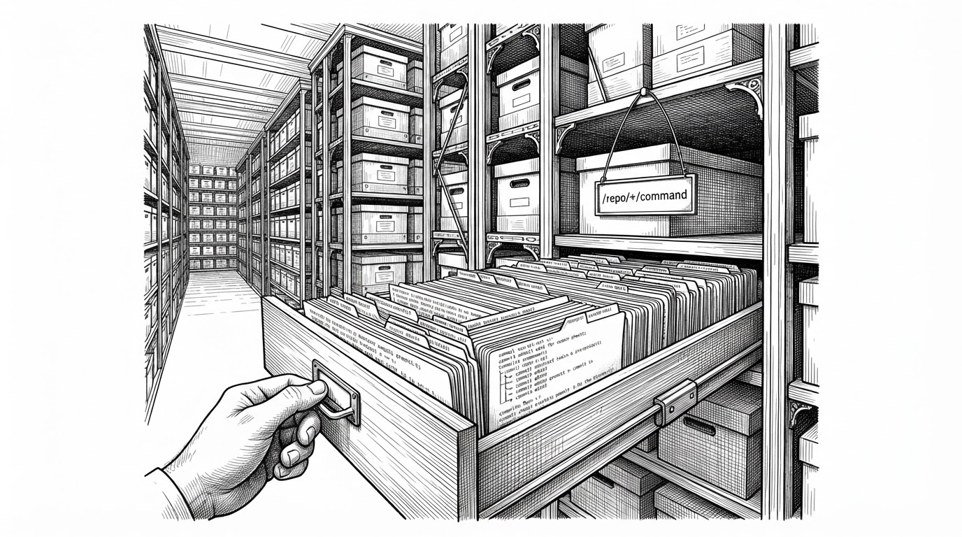 A vast archive room with towering shelves of repositories fading into the background, while a single narrow catalog drawer is pulled open in the foreground. Inside the drawer, pages are ordered with unnatural clarity, suggesting that a tiny interface can make a huge codebase feel immediate and legible.