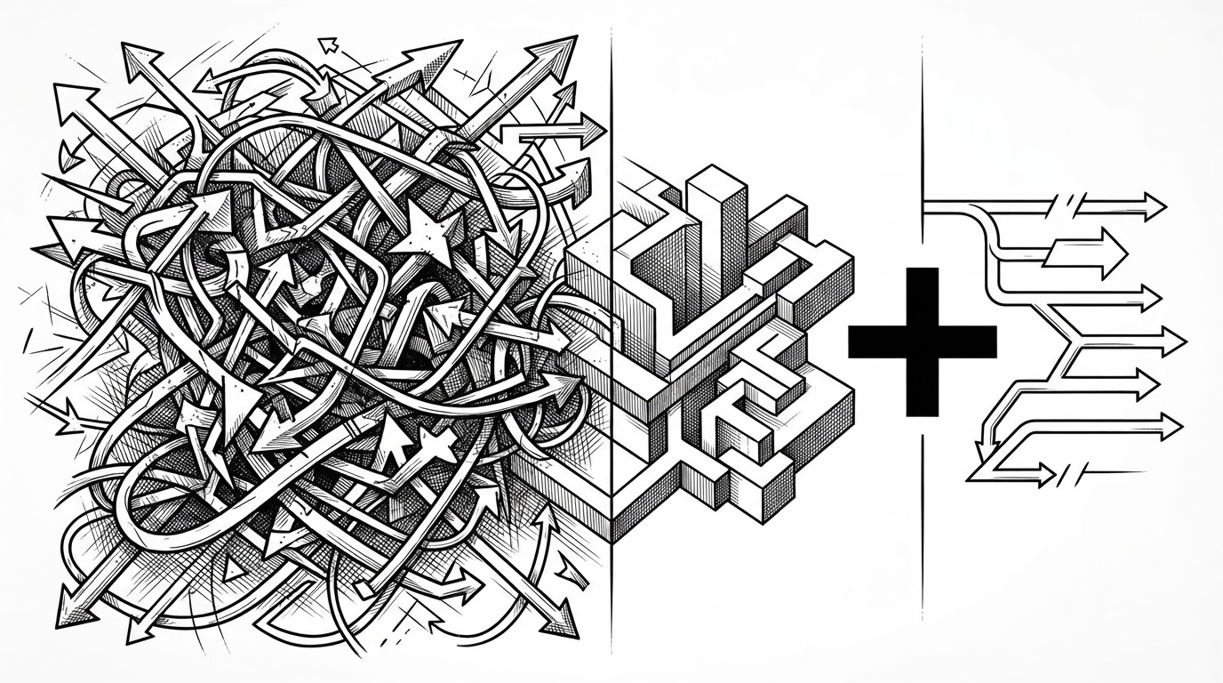 A close-up split scene showing a tangled set of overlapping repository paths on one side and a clean path broken by a bold plus sign on the other. The plus sign acts like a knife cut through ambiguity, separating repository identity from command and path.