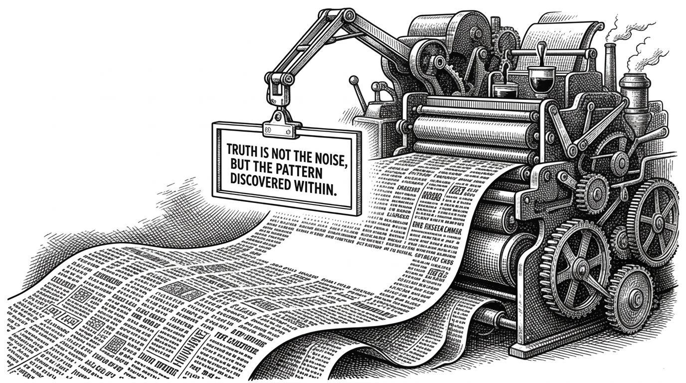 A massive printing press with a mechanical arm isolating a single glowing sentence.