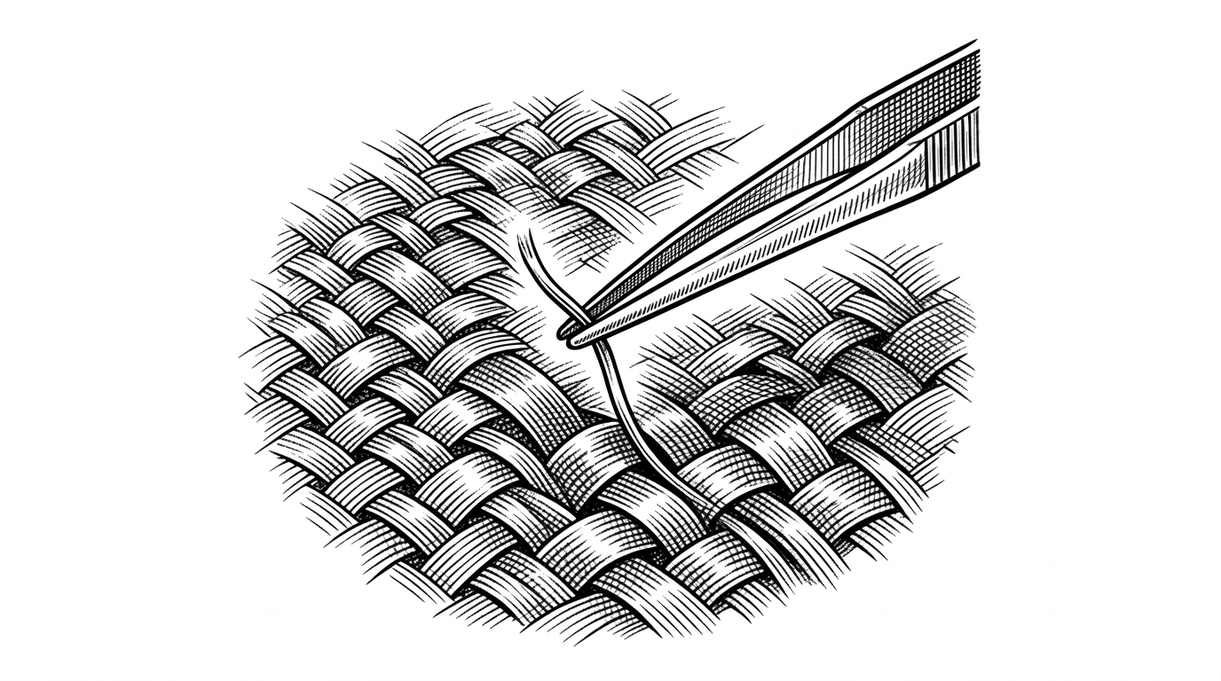 A close-up of a woven tapestry with fine metal tweezers gripping a single thread.