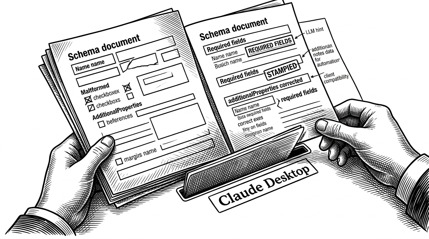 A close-up shows a broken schema document being repaired by hand before passing through a narrow slot labeled Claude Desktop. The page has malformed boxes, corrected required fields, and margin notes that explain compatibility and hints. It explains how the server fixes tool definitions so a strict MCP client can accept them.